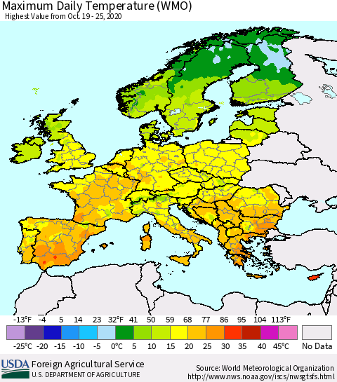 Europe Maximum Daily Temperature (WMO) Thematic Map For 10/19/2020 - 10/25/2020