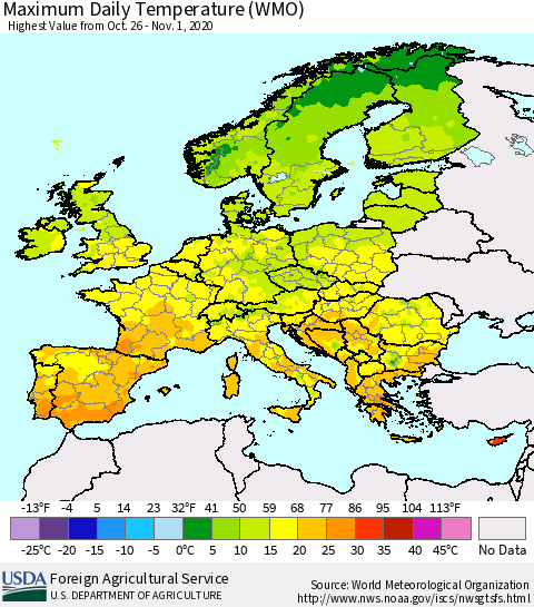Europe Maximum Daily Temperature (WMO) Thematic Map For 10/26/2020 - 11/1/2020