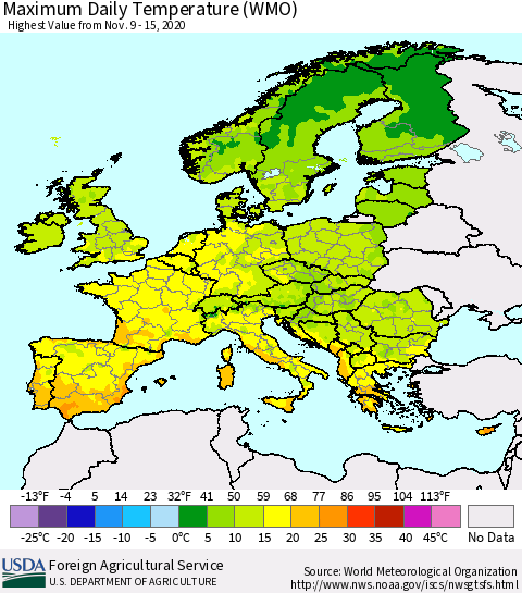 Europe Maximum Daily Temperature (WMO) Thematic Map For 11/9/2020 - 11/15/2020