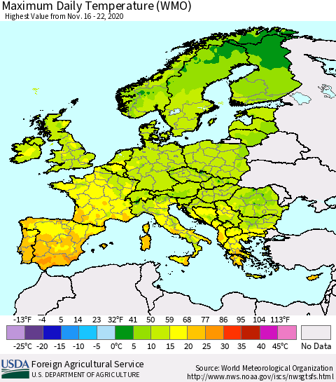 Europe Maximum Daily Temperature (WMO) Thematic Map For 11/16/2020 - 11/22/2020
