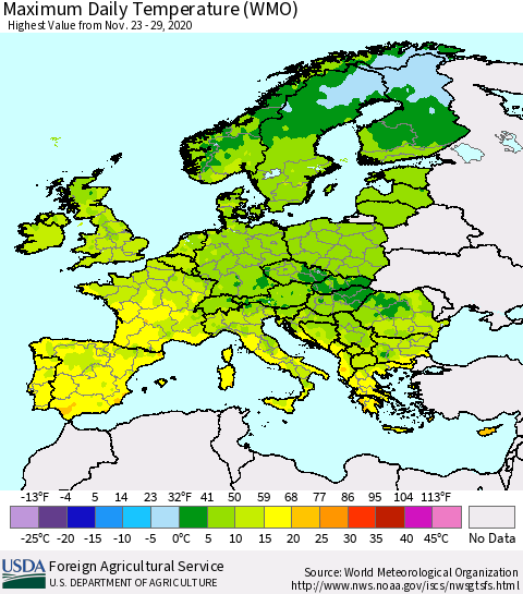 Europe Maximum Daily Temperature (WMO) Thematic Map For 11/23/2020 - 11/29/2020