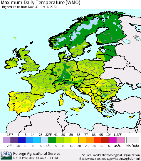 Europe Maximum Daily Temperature (WMO) Thematic Map For 11/30/2020 - 12/6/2020