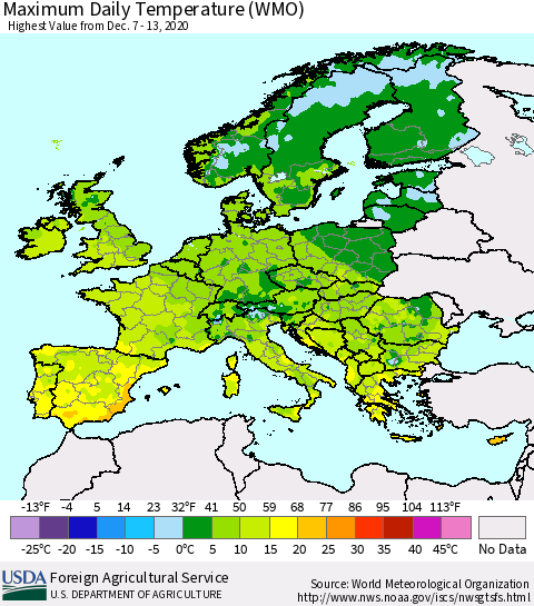 Europe Maximum Daily Temperature (WMO) Thematic Map For 12/7/2020 - 12/13/2020