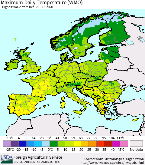 Europe Maximum Daily Temperature (WMO) Thematic Map For 12/21/2020 - 12/27/2020