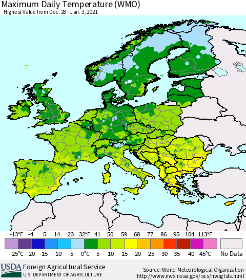 Europe Maximum Daily Temperature (WMO) Thematic Map For 12/28/2020 - 1/3/2021
