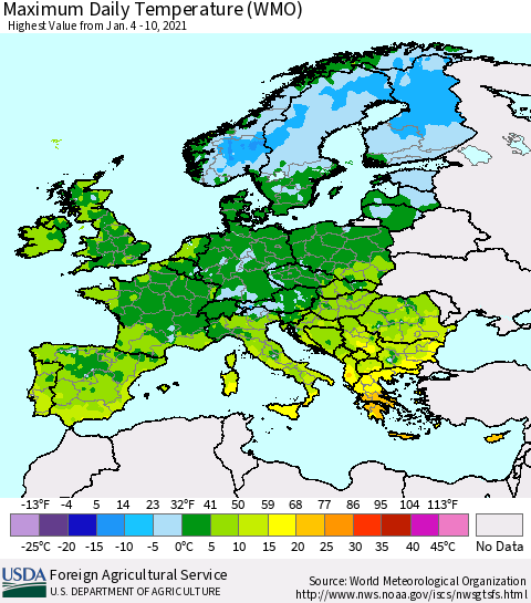 Europe Maximum Daily Temperature (WMO) Thematic Map For 1/4/2021 - 1/10/2021