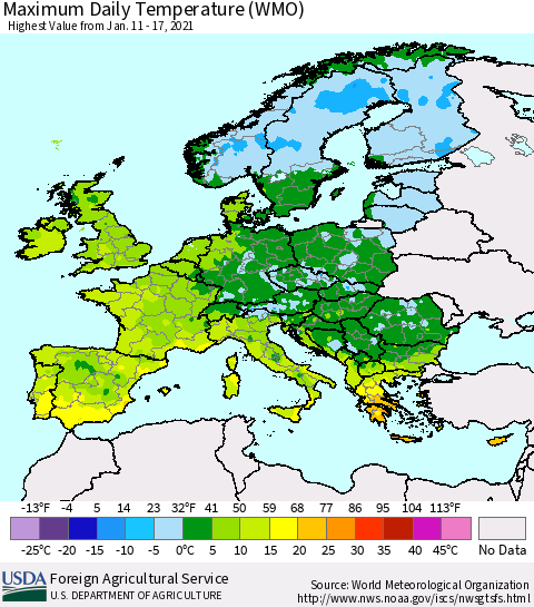 Europe Maximum Daily Temperature (WMO) Thematic Map For 1/11/2021 - 1/17/2021