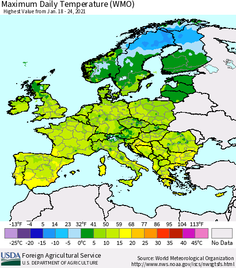 Europe Maximum Daily Temperature (WMO) Thematic Map For 1/18/2021 - 1/24/2021