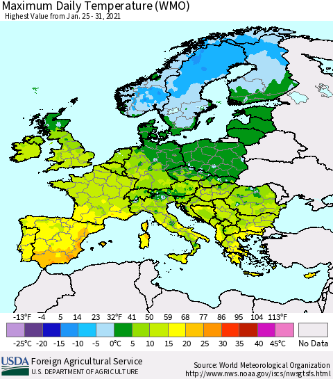 Europe Maximum Daily Temperature (WMO) Thematic Map For 1/25/2021 - 1/31/2021