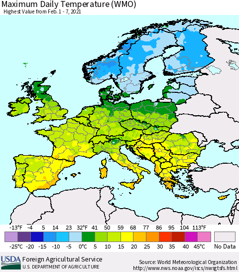 Europe Maximum Daily Temperature (WMO) Thematic Map For 2/1/2021 - 2/7/2021