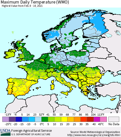 Europe Maximum Daily Temperature (WMO) Thematic Map For 2/8/2021 - 2/14/2021