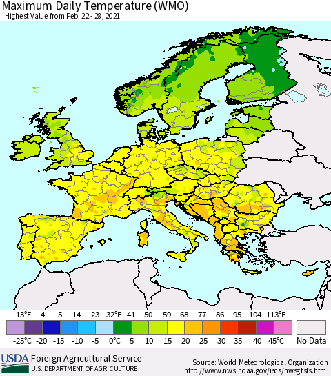 Europe Maximum Daily Temperature (WMO) Thematic Map For 2/22/2021 - 2/28/2021