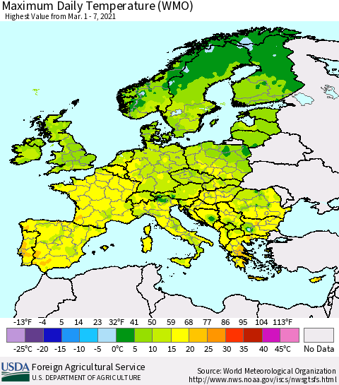 Europe Maximum Daily Temperature (WMO) Thematic Map For 3/1/2021 - 3/7/2021