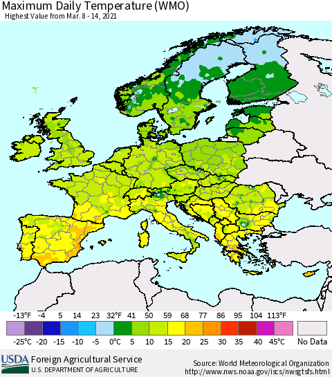 Europe Maximum Daily Temperature (WMO) Thematic Map For 3/8/2021 - 3/14/2021