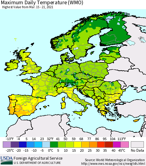 Europe Maximum Daily Temperature (WMO) Thematic Map For 3/15/2021 - 3/21/2021