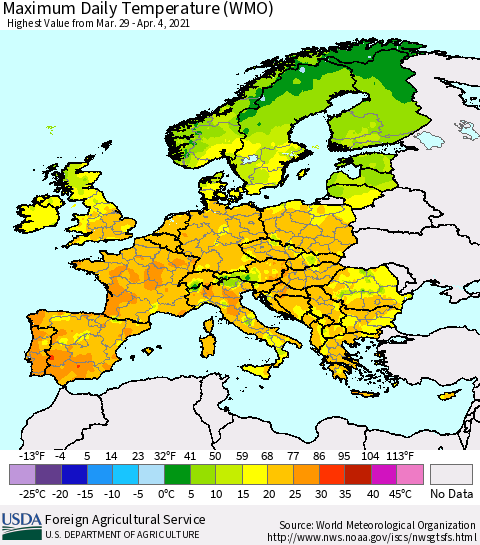 Europe Maximum Daily Temperature (WMO) Thematic Map For 3/29/2021 - 4/4/2021
