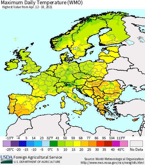Europe Maximum Daily Temperature (WMO) Thematic Map For 4/12/2021 - 4/18/2021