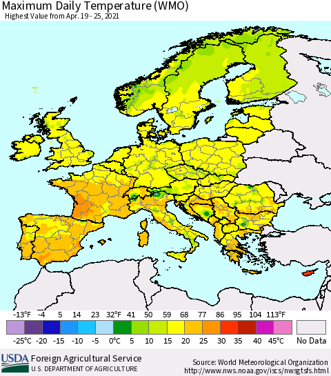 Europe Maximum Daily Temperature (WMO) Thematic Map For 4/19/2021 - 4/25/2021