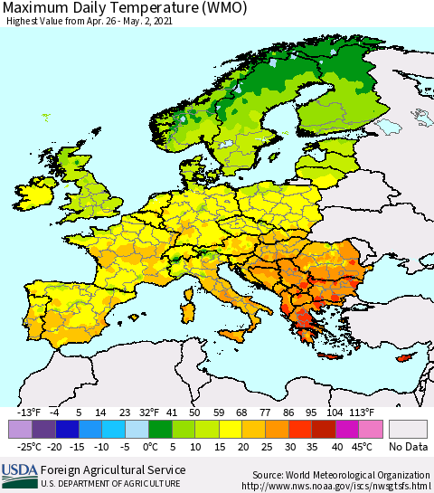 Europe Maximum Daily Temperature (WMO) Thematic Map For 4/26/2021 - 5/2/2021