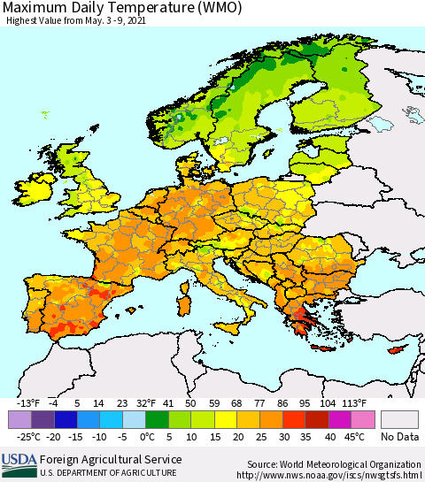 Europe Maximum Daily Temperature (WMO) Thematic Map For 5/3/2021 - 5/9/2021