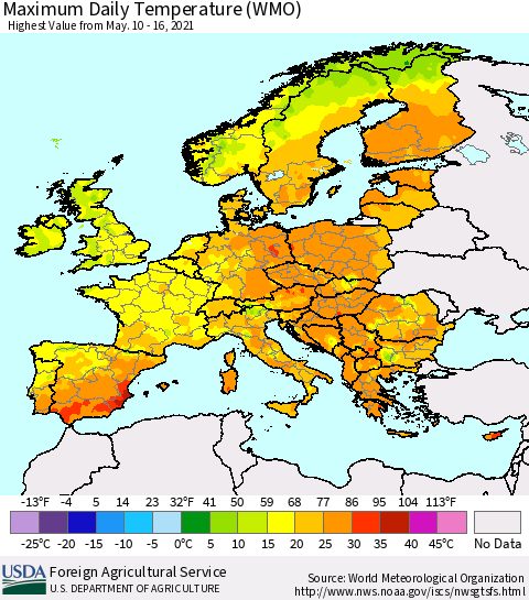 Europe Maximum Daily Temperature (WMO) Thematic Map For 5/10/2021 - 5/16/2021