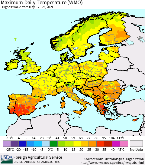 Europe Maximum Daily Temperature (WMO) Thematic Map For 5/17/2021 - 5/23/2021