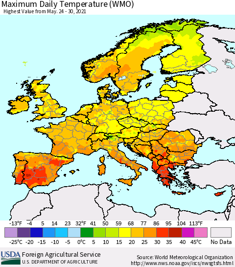 Europe Maximum Daily Temperature (WMO) Thematic Map For 5/24/2021 - 5/30/2021