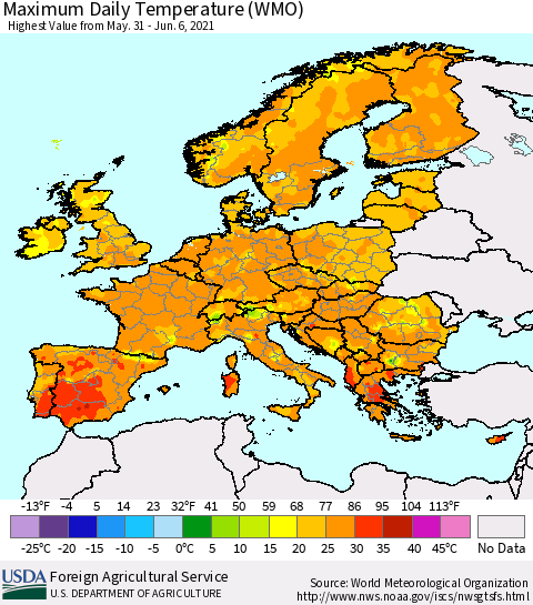 Europe Maximum Daily Temperature (WMO) Thematic Map For 5/31/2021 - 6/6/2021