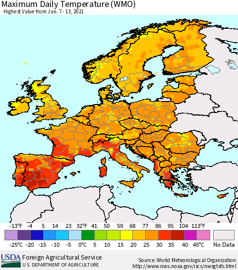 Europe Maximum Daily Temperature (WMO) Thematic Map For 6/7/2021 - 6/13/2021