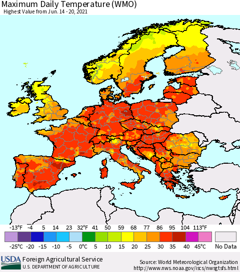 Europe Maximum Daily Temperature (WMO) Thematic Map For 6/14/2021 - 6/20/2021