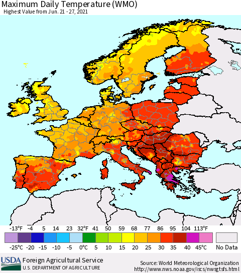 Europe Maximum Daily Temperature (WMO) Thematic Map For 6/21/2021 - 6/27/2021