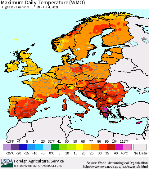 Europe Maximum Daily Temperature (WMO) Thematic Map For 6/28/2021 - 7/4/2021