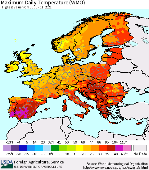 Europe Maximum Daily Temperature (WMO) Thematic Map For 7/5/2021 - 7/11/2021