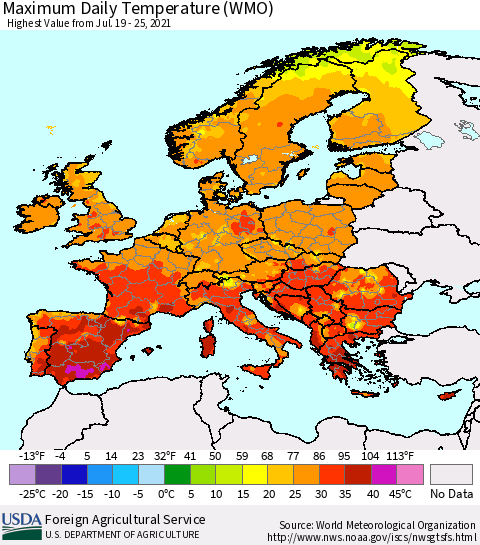 Europe Maximum Daily Temperature (WMO) Thematic Map For 7/19/2021 - 7/25/2021