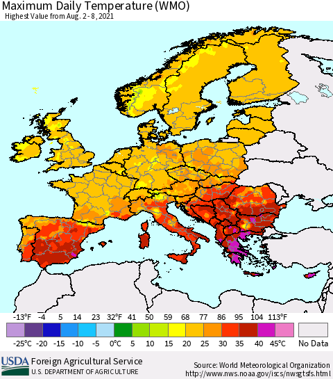 Europe Maximum Daily Temperature (WMO) Thematic Map For 8/2/2021 - 8/8/2021