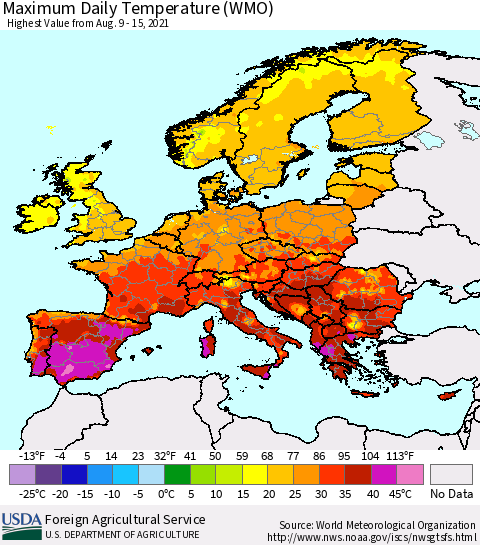 Europe Maximum Daily Temperature (WMO) Thematic Map For 8/9/2021 - 8/15/2021