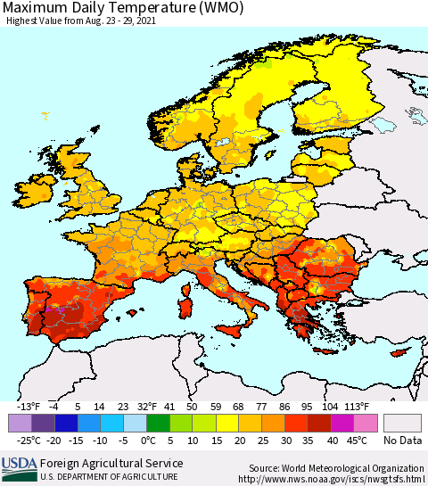Europe Maximum Daily Temperature (WMO) Thematic Map For 8/23/2021 - 8/29/2021