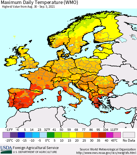 Europe Maximum Daily Temperature (WMO) Thematic Map For 8/30/2021 - 9/5/2021