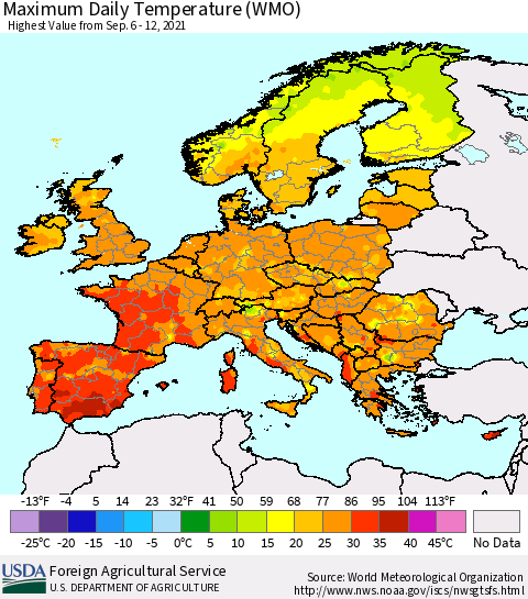 Europe Maximum Daily Temperature (WMO) Thematic Map For 9/6/2021 - 9/12/2021