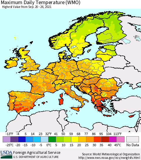 Europe Maximum Daily Temperature (WMO) Thematic Map For 9/20/2021 - 9/26/2021