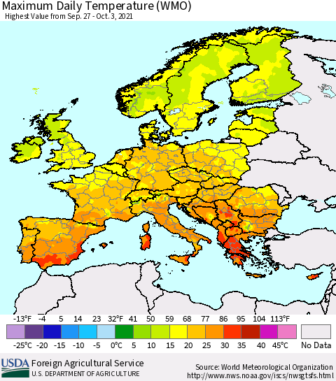 Europe Maximum Daily Temperature (WMO) Thematic Map For 9/27/2021 - 10/3/2021