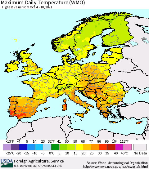 Europe Maximum Daily Temperature (WMO) Thematic Map For 10/4/2021 - 10/10/2021
