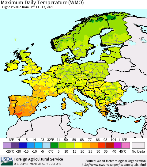 Europe Maximum Daily Temperature (WMO) Thematic Map For 10/11/2021 - 10/17/2021