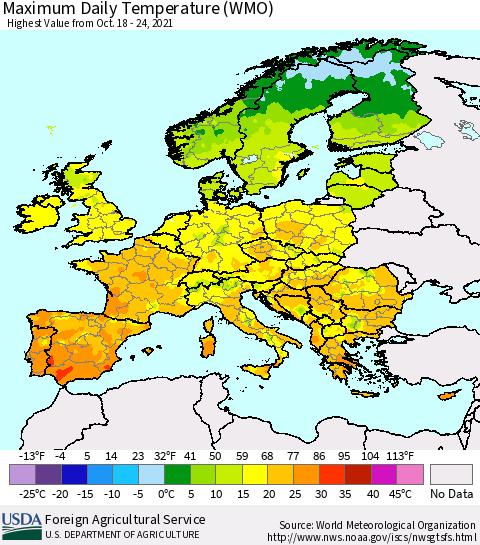 Europe Maximum Daily Temperature (WMO) Thematic Map For 10/18/2021 - 10/24/2021