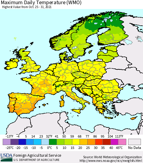 Europe Maximum Daily Temperature (WMO) Thematic Map For 10/25/2021 - 10/31/2021