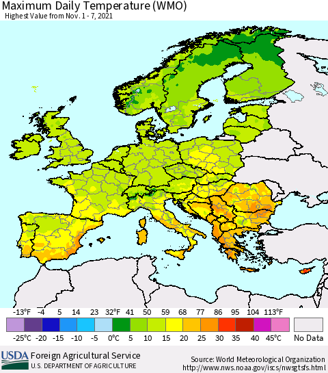 Europe Maximum Daily Temperature (WMO) Thematic Map For 11/1/2021 - 11/7/2021