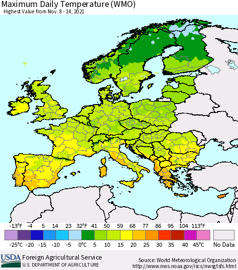 Europe Maximum Daily Temperature (WMO) Thematic Map For 11/8/2021 - 11/14/2021