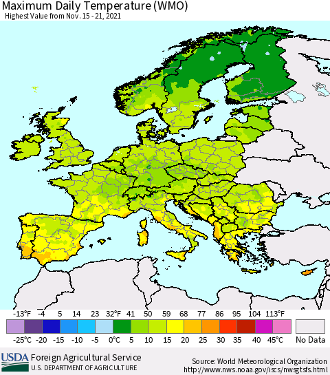 Europe Maximum Daily Temperature (WMO) Thematic Map For 11/15/2021 - 11/21/2021