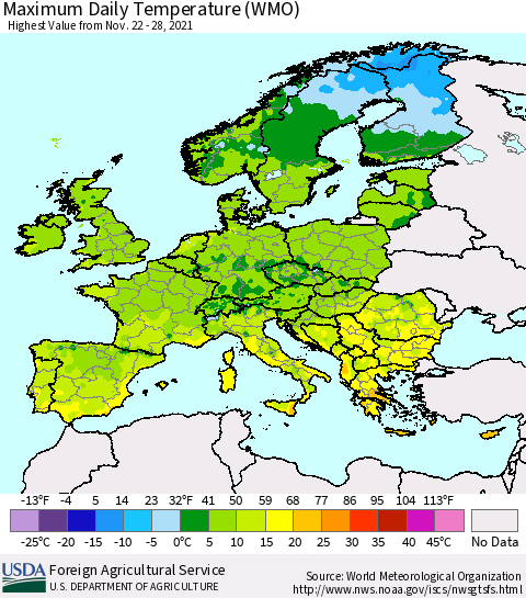 Europe Maximum Daily Temperature (WMO) Thematic Map For 11/22/2021 - 11/28/2021