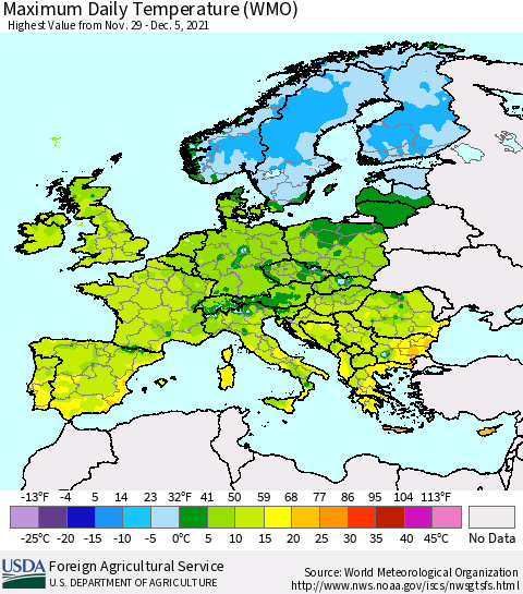 Europe Maximum Daily Temperature (WMO) Thematic Map For 11/29/2021 - 12/5/2021
